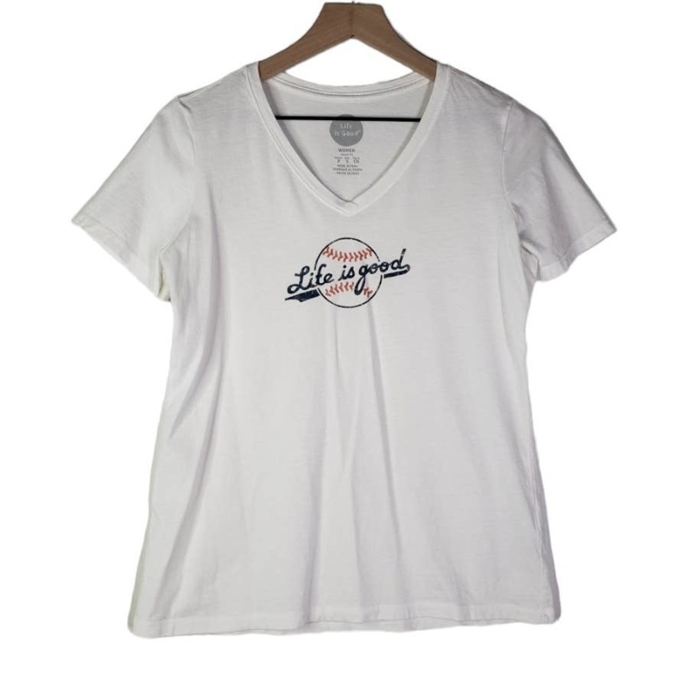 Life Is‎ Good Classic Fit V-Neck Tee Women's S White Baseball T-shirt